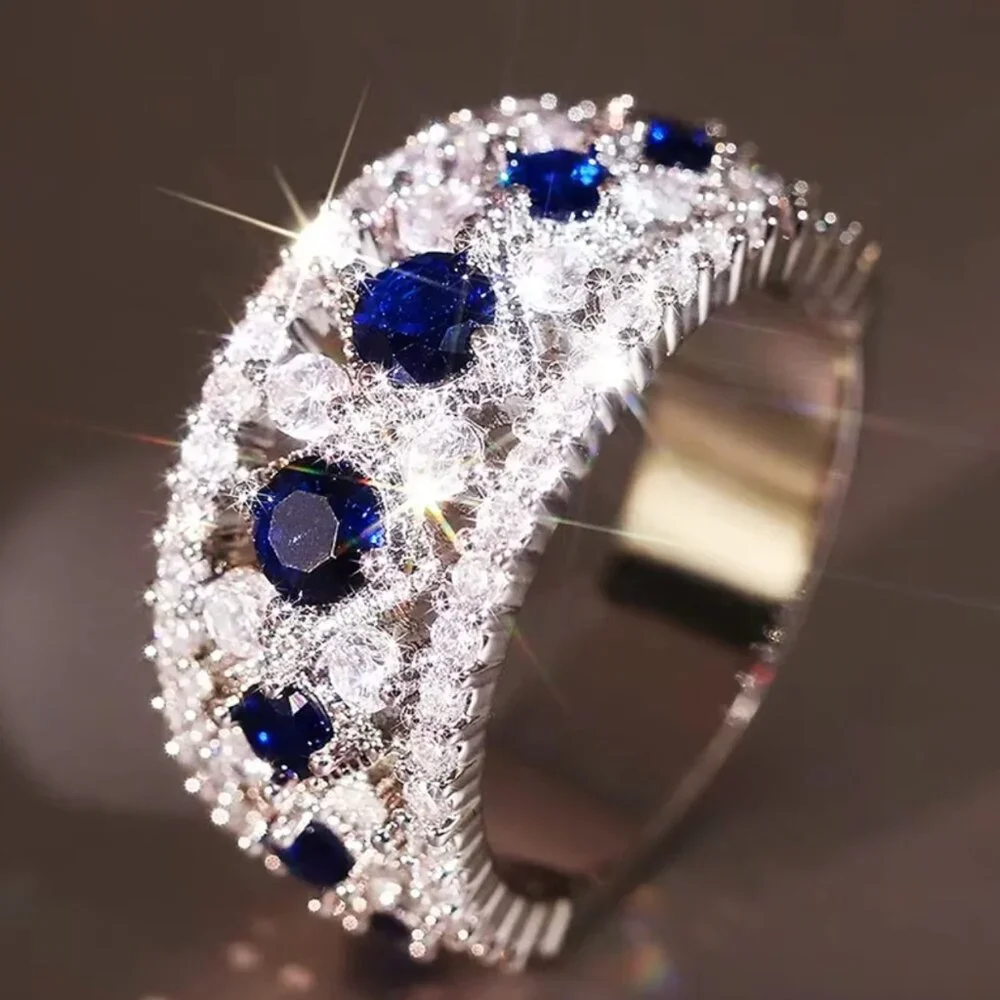 NEW 18k White Gold Blue Sapphire Diamond Ring Band